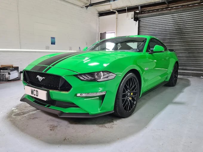 Ford Mustang GT ceramic coating in Warrington — deep gloss green paint protection by WCD Car Detailing, Fairclough Mill WA5